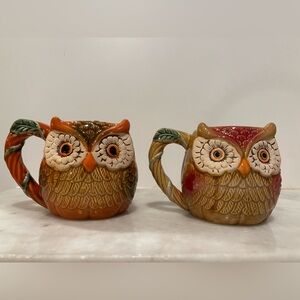 Set of 2 Cracker Barrel 3D Fall Harvest Pumpkin Owl Coffee Tea Mugs 16-18oz